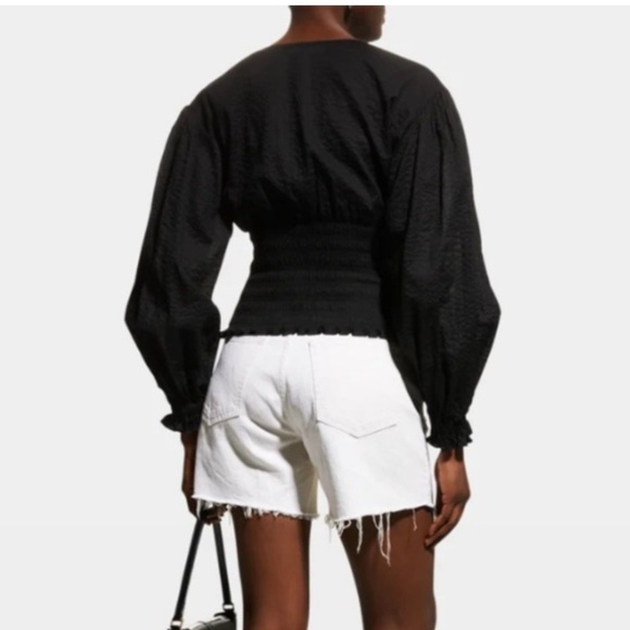 Frame black smocked V neck long blouson puff sleeves blouse top size small - Picture 3 of 7